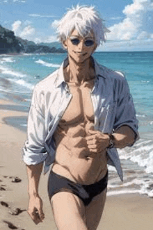 a shirtless man is walking on a beach wearing a shirt and swim trunks .