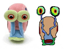 a stuffed snail next to a pixel art drawing of the same snail