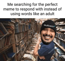 a man in a library wearing a beanie with the word multivers on it