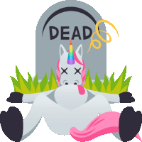 a dead unicorn is laying in front of a gravestone with the word dead on it