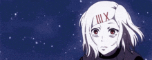 a girl with white hair and red eyes is standing in front of a snowy sky .