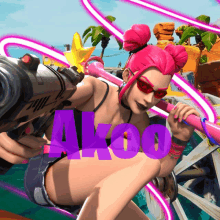 a girl with pink hair is holding a gun and the word akoo is on the bottom right