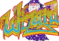 a colorful drawing of a wizard with the word wizzard in the background