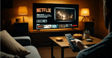 a man is holding a remote control in front of a netflix tv