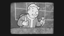 a cartoon of vault boy holding a knife and fork