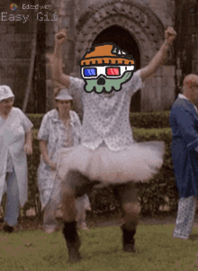 a man wearing a tutu and 3d glasses is dancing in front of a group of people