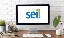 a computer displays the sei logo on the screen