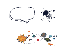 a drawing of the solar system with an astronaut and speech bubble