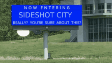 a billboard that says now entering sideshot city really you 're sure about this