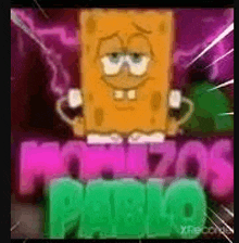 a spongebob squarepants cartoon character is standing in front of a purple and green background .