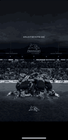 a black and white photo of panthers players huddled on the field