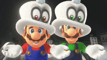 two cartoon characters wearing hats with big eyes