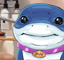 a cartoon drawing of a dolphin with a collar that says jeff