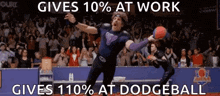 a man is throwing a dodgeball in front of a crowd while another man looks on .