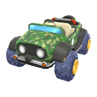 a green toy car with blue tires and a camouflage design