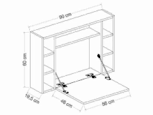 a black and white drawing of a wall mounted desk with dimensions .