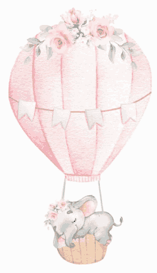 an elephant in a pink hot air balloon with flowers