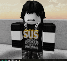 a roblox character wearing a black shirt with the word sus on it