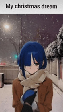 a girl with blue hair is standing in the snow wearing a scarf and a coat .