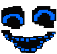 a pixel art smiley face with blue eyes and a black mouth