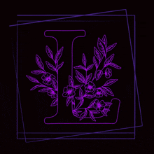 a purple letter l with flowers and leaves on a black background