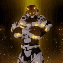 a futuristic armored figure with glowing yellow eyes