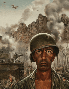 a painting of a man in a military uniform with a tank in the background