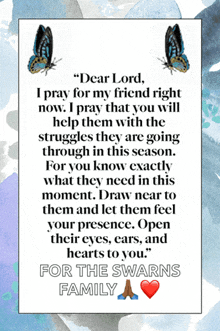 a prayer that says " dear lord i pray for my friend right now "