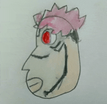 a drawing of a person 's face with red eyes and a pink crown on their head .