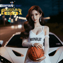 a woman holding a basketball in front of a car with a museum bola logo