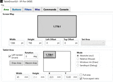 a screen shot of a program that shows the height and width of a tablet area