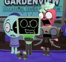 a group of cartoon characters standing in front of a sign that says gardenview educational center museum