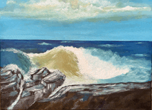 a painting of waves crashing against rocks in the ocean