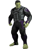 a hulk in a black and purple suit with a white background