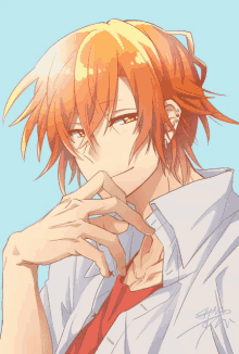 a drawing of a boy with orange hair and ear piercings has a hand on his chin