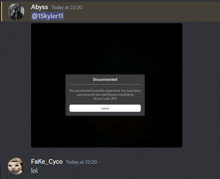 a screenshot of a discord conversation between abyss and fake_cyco with the message disconnected