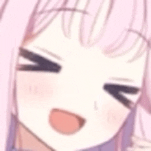 a close up of a pink haired anime girl making a funny face with her tongue out .