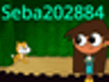 a blurred image of a girl standing next to a cat with the name seba2020894 written in the background