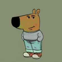 a cartoon character wearing a grey sweater and jeans