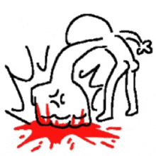 a black and white drawing of a person laying on the ground with blood on the floor .