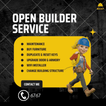 an advertisement for an open builder service shows a cartoon character