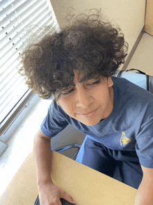 a young boy with curly hair wearing a blue shirt with a banana on the front