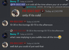 a screenshot of a conversation between benny and fr-5533 007