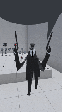 a man in a suit is holding two guns in a room with targets