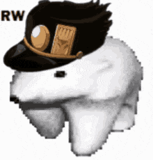 a polar bear wearing a black hat with the word rw on the bottom .