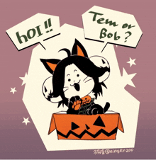 a drawing of a cat sitting in a box with two speech bubbles that say hoi and tem or bob