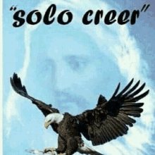 an eagle is flying in front of a picture of jesus