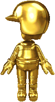 a gold mariokart character with a helmet on his head