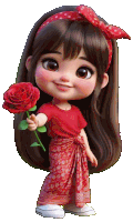 a little girl in a red dress is holding a rose