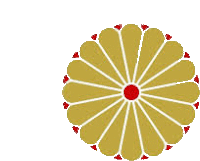 a gold flower with a red center and red petals on a white background